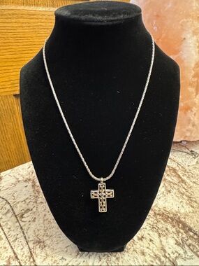 Brighton Reversible Cross Necklace Two Tone Silver Gold Braided Chain Retired